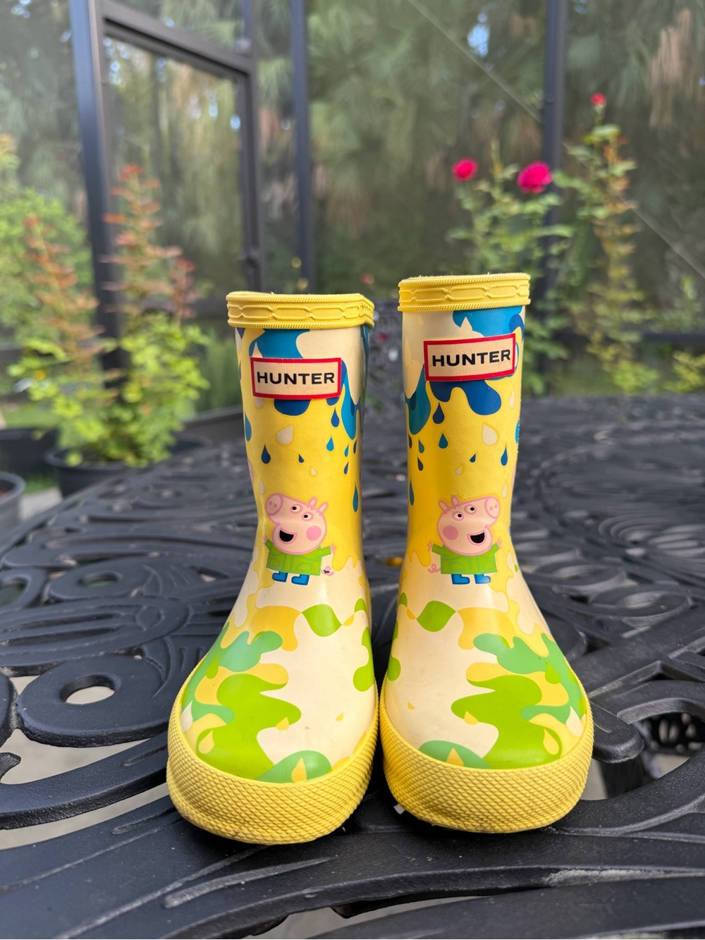 Hunter Yellow Kids Rain Boots with Peppa Pig and Green Splash